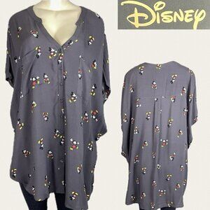 Disney +4 Gray Split Neck Button Mickey Mouse Graphic Rayon Short Sleeve Shirt